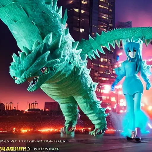 Image similar to toei productions kaiju miku hatsune as a giant monster. mikuzilla