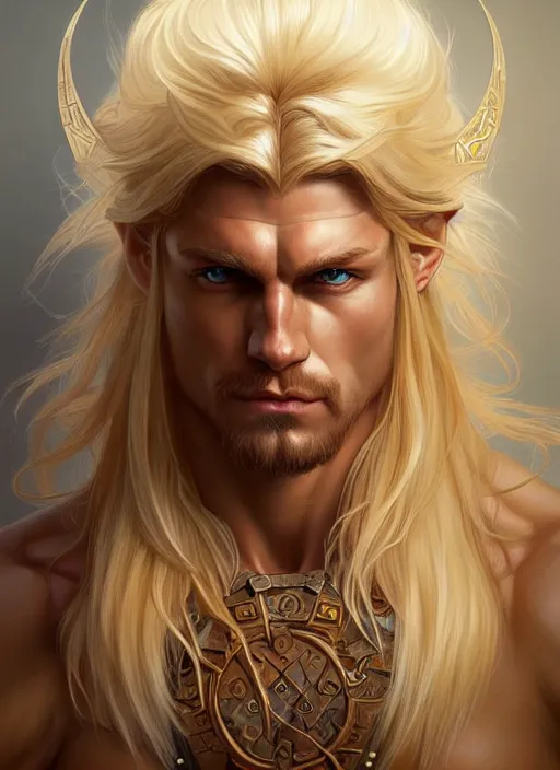 Prompt: symmetry! portrait of barbarian, blond hair, d & d, muscular!! fantasy, intricate, elegant, highly detailed, digital painting, artstation, concept art, smooth, sharp focus, illustration, art by artgerm and greg rutkowski and alphonse mucha