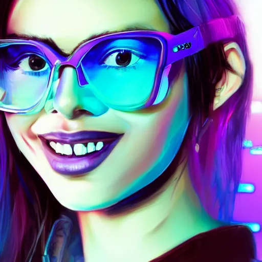 Image similar to closeup painting of a very beautiful young mexican cyberpunk woman with a smile, light blue neon shutter shades!! on her face, and a purple coloured leather jacket, one side haircut, long brown hair with light blue ends, portrait, sci - fi, hyperdetailed, cgsociety, synthwave by tangerine dream, by jean - michel jarre, by vangelis, by john carpenter