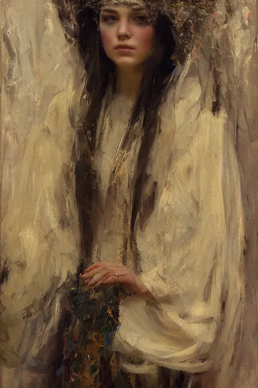 Image similar to Richard Schmid and Jeremy Lipking full length portrait painting of a young beautiful woman priestess in elaborate costume