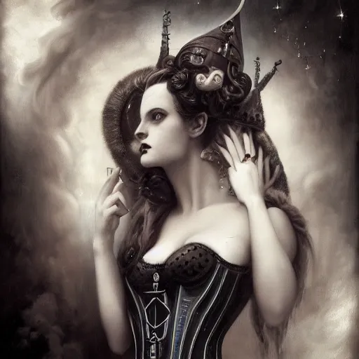 Prompt: By Tom Bagshaw, ultra realist soft painting of a curiosity carnival by night, very beautiful horn female gothic wearing corset, partial symmetry features, very intricate details, omnious sky, black and white, volumetric light clouds