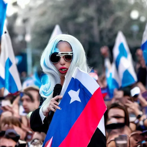 Image similar to Lady Gaga as president, Argentina presidential rally, Argentine flags behind, bokeh, giving a speech, detailed face, Argentina