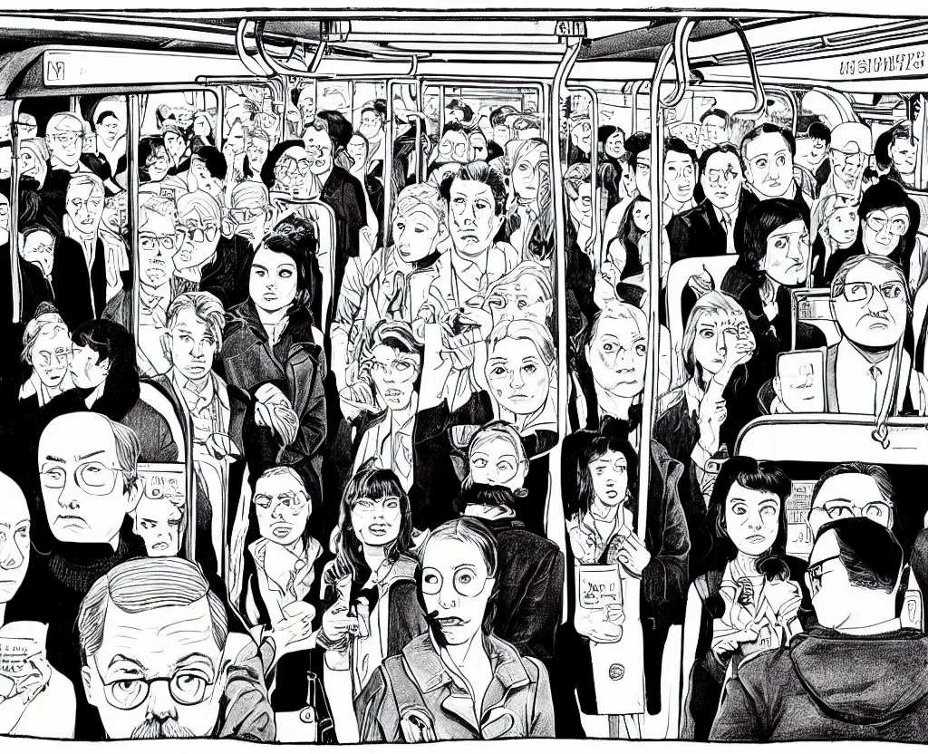 Prompt: a tight detailed ink drawing in the style of Daniel Clowes and Adrian Tomine and Gabrielle Bell, 3/4 view wide shot of only two people: a sad woman in a parka who looks like Aubrey Plaza, sitting 3 feet from a friendly middle-aged German businessman in a suit, with short blond hair and mustache, in a an empty Chicago subway train