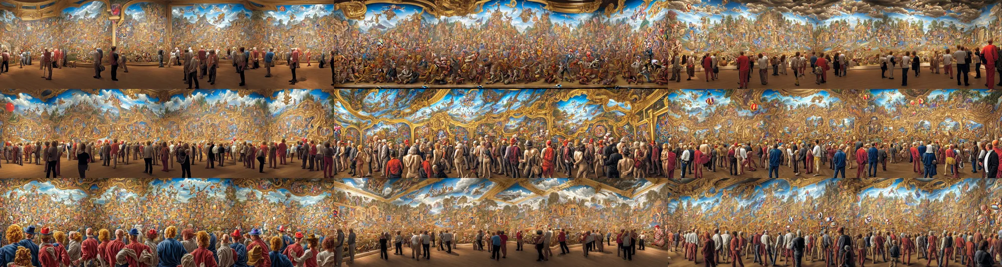 Prompt: a luxurious, triumphant, and ultradetailed mural, depicting a gallery exhibition of a hundred unique framed hyperrealist clowns