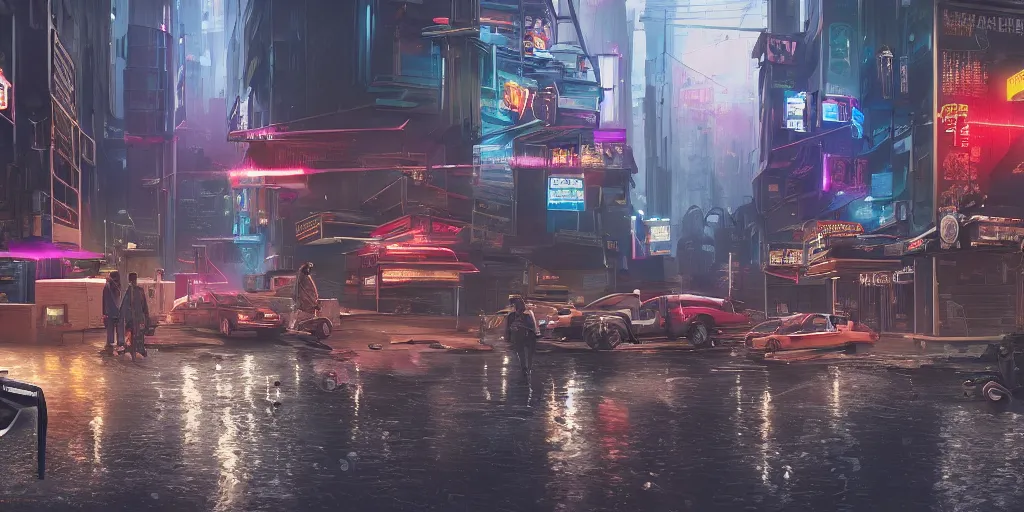 Prompt: a cyberpunk bank heist, background scene from the old city of babylon, concept art, ultra realistic, 8 k, painting, highly detailed, sci - ci, neon, rain, guns, firearms, robbery, a police car burning