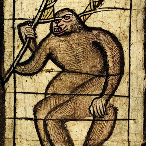 Prompt: medieval drawing of a war monkey