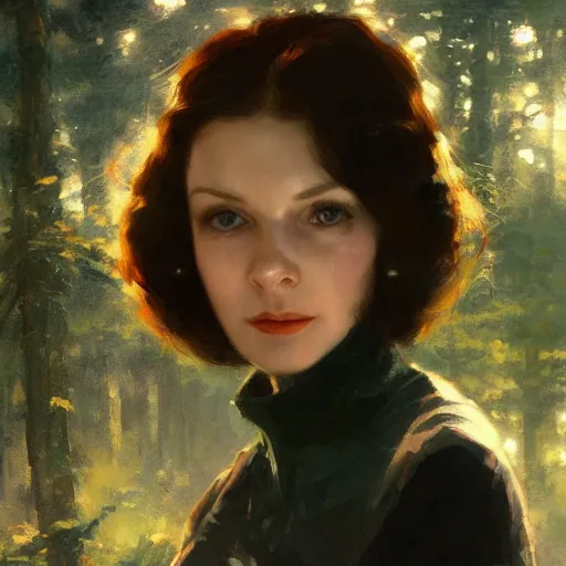 Image similar to closeup portrait of a young vivian leigh, forest background, megacity, gorgeous view, depth, high detail, digital art, painted by greg rutkowski, trending on artstation