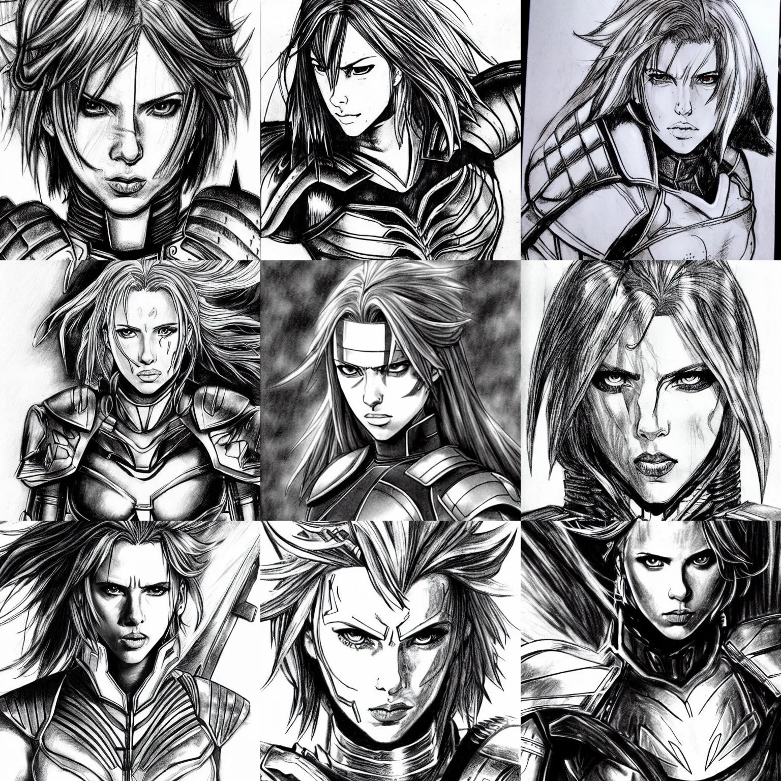 Prompt: lightning scarlett johansson with angry expression wearing armour. dramatic lighting, anime style, pencil and ink manga drawing,