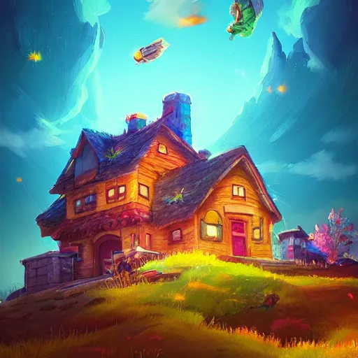 Prompt: beautiful 3 d painting of a colourful house on a hilltop at midnight with small fireflies flying around, breath of the wild, hyrule, inspired by cyril rolando, david wiesner, artstation, unreal engine