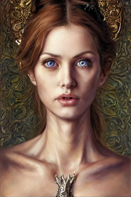 Prompt: high quality extremely detailed closeup portrait of a young attractive female necromancer looking away from the camera, dressed, realistic eyes, sparkle in eyes, no hands visible, fantasy, d & d, intricate, painting by lucian freud and mark brooks, hd