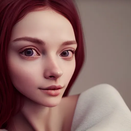 Image similar to portrait of a cute thin young woman, red blush, wearing casual clothes, small smile, relaxing on a couch, cozy under a blanket, cozy living room, close up shot, 8 k, octane render, trending on artstation, art by artgerm and irakli nadar,, hyperrealism, hyperdetailed, ultra realistic