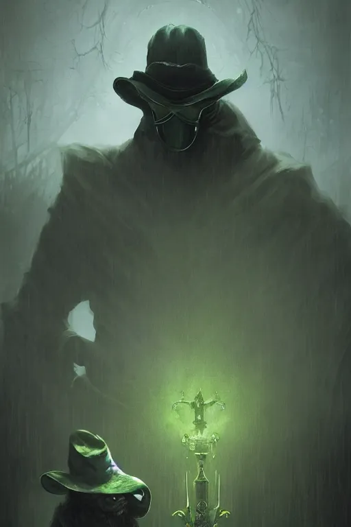 Prompt: An elegant portrait of a green plague doctor by Greg Rutkowski, Dan Mumford, Christophe Vacher, Bloodborne, 4k photorealistic, volumetric lighting, HD, high details, dramatic, dark atmosphere, trending on artstation