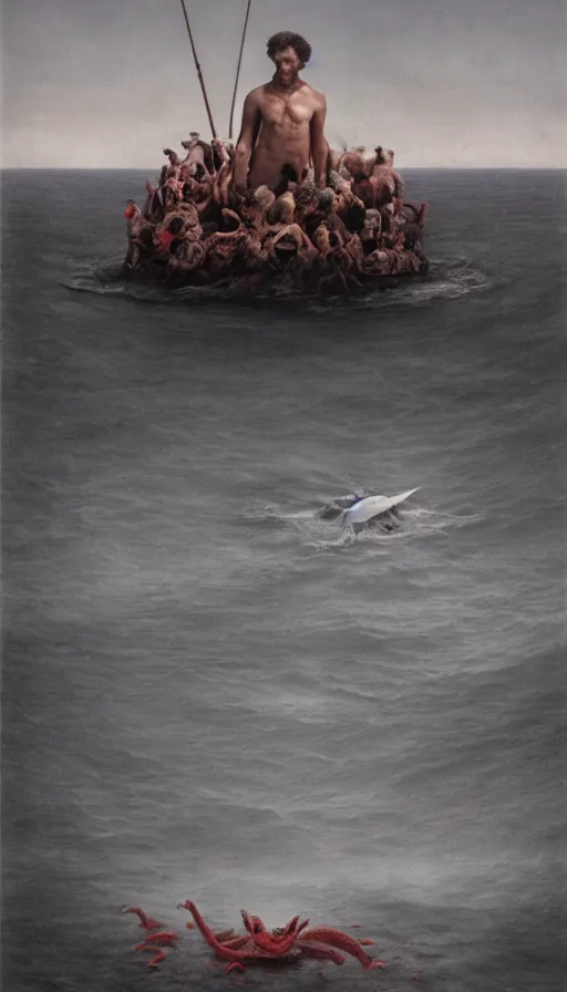 Image similar to man on boat crossing a body of water in hell with creatures in the water, sea of souls, by gottfried helnwein