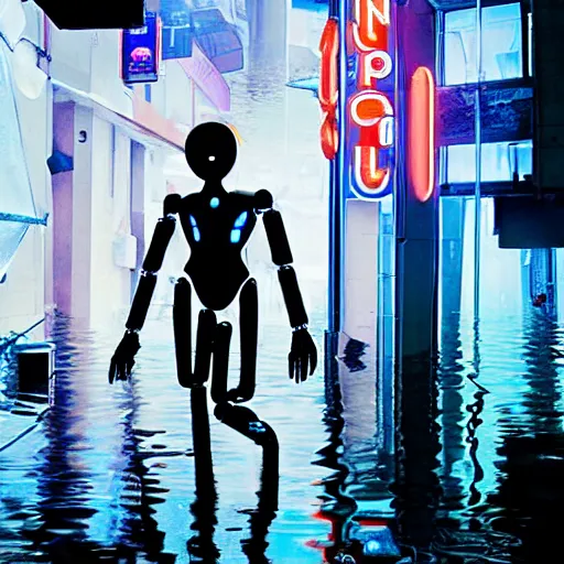 Prompt: a humanoid robot wearing a torn transparent plastic cloak walking the flooded streets of an abandoned futuristic city with neon signs,