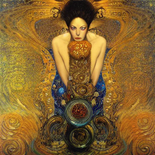 Image similar to Divine Chaos Engine by Karol Bak, Jean Deville, Gustav Klimt, and Vincent Van Gogh, beautiful visionary mystical portrait, sacred, otherworldly, fractal structures, ornate gilded medieval icon, third eye, spirals