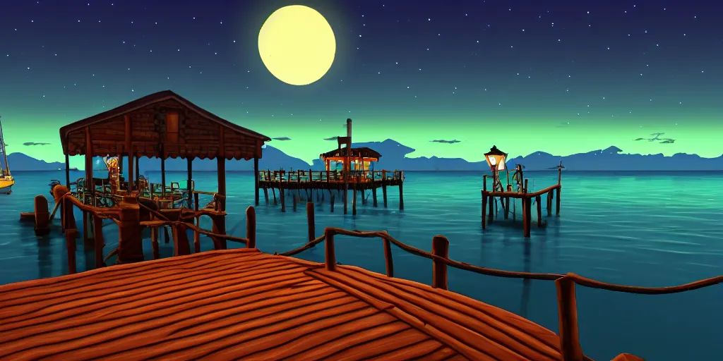 Prompt: a quiet pier at night with a single boat by a tavern in the style of Monkey Island: 2