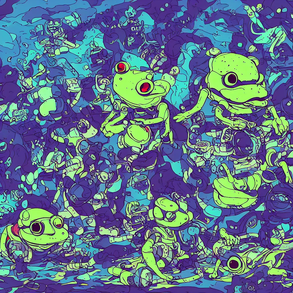 Image similar to toads, deconstructed amphibian, ryuta ueda artwork, breakcore, style of jet set radio, y 2 k, gloom, space, cel - shaded art style, indigo rainbow, data, minimal, code, cybernetic, dark, eerie, cyber