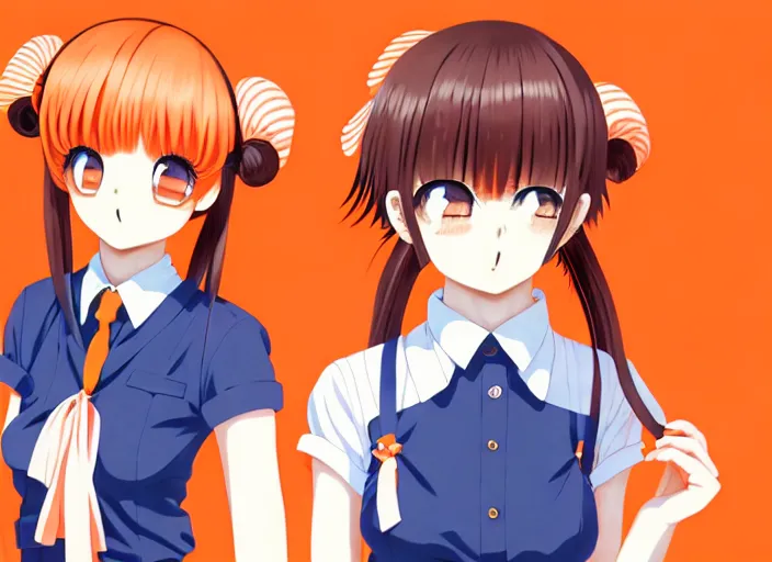 Prompt: anime girl with orange short hair in the form of two pigtails in the Soviet pioneer form,omoide emanon, tsuruta kenji, murata range,kawaii, kyoto animation, manga,katsura masakazu, intricate, detailed, studio lighting, gradation,editorial illustration, matte print, Ilya Kuvshinov