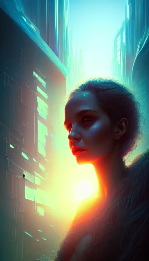 Image similar to a sad portrait of an angel buried alive in a abandoned futuristic city covered by vegeration, sunset, bright light, hyperdetailed, artstation, cgsociety, 8 k