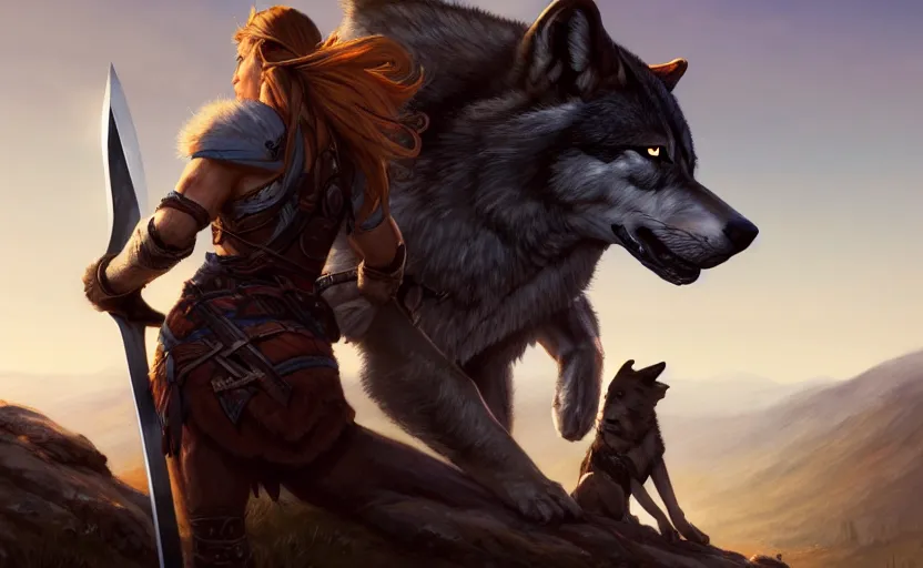 Image similar to a warrior resting axe on her shoulder standing next to a wolf, female, looking onto the horizon, fall, mountain landscape, portrait by magali villeneuve and ames jean and artgerm and greg rutkowski, 4 k, artstation, realistic, cinematic composition, d & d