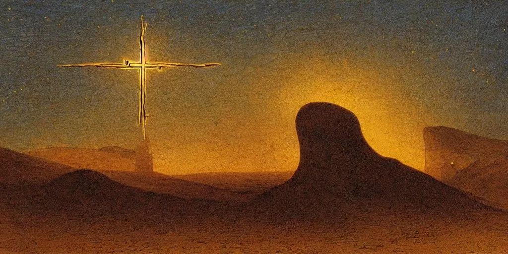 Prompt: A burning cross in the middle of the desert drawn by Caspar David Friedrich, dune, highly detailed, night, stars