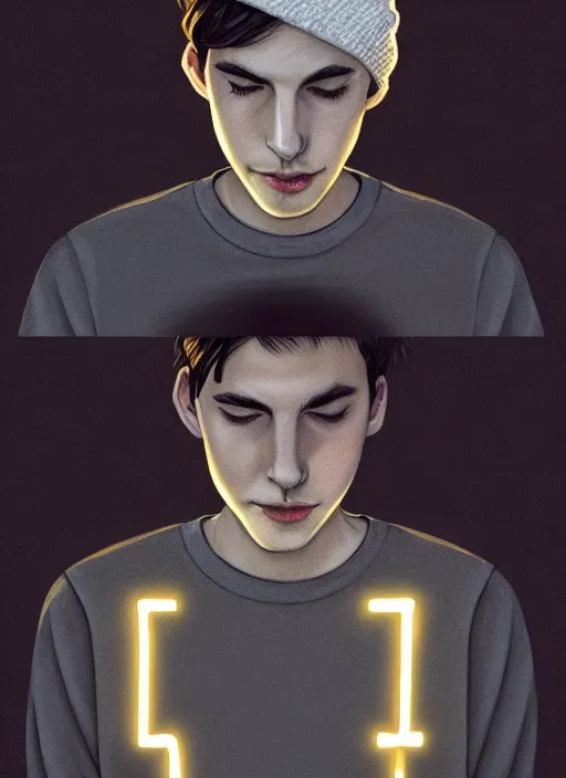 Image similar to portrait of teenage jughead jones wearing a light grey crown, photorealistic, crown, eyes closed, crown, black hair, sweater with letter s on it, letter s, intricate, elegant, glowing lights, highly detailed, digital painting, artstation, concept art, smooth, sharp focus, illustration, art by wlop, mars ravelo and greg rutkowski