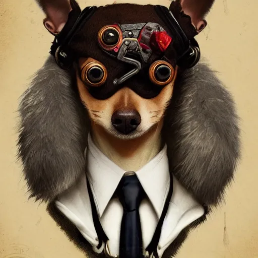 Prompt: ripped physique bone crown collar leash Man Steampunk portrait Sherlock Patrick Bateman snout Detective Anthropomorphic furry fuzzy fashion vogue Chihuahua man wearing a Chihuahua costume wearing an Executive costume gerald brom bastien grivet greg rutkowski norman rockwell portrait face head snout ears eyes illustration tombow