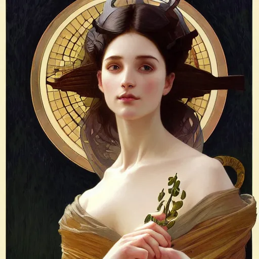 Prompt: portrait of nimueh, elegant, art nouveau, tarot card, highly detailed, digital painting, artstation, concept art, smooth, sharp focus, illustration, art by artgerm and greg rutkowski and alphonse mucha and william - adolphe bouguereau