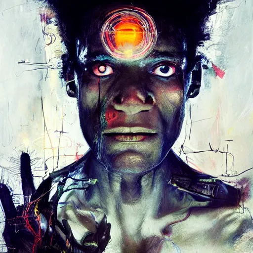 Prompt: technospiritual intervention, by michel basquiat and artgerm and seb mckinnon and greg rutkowski, featured on artstation, fine art, mixed media, highly detailed, sharp, in focus