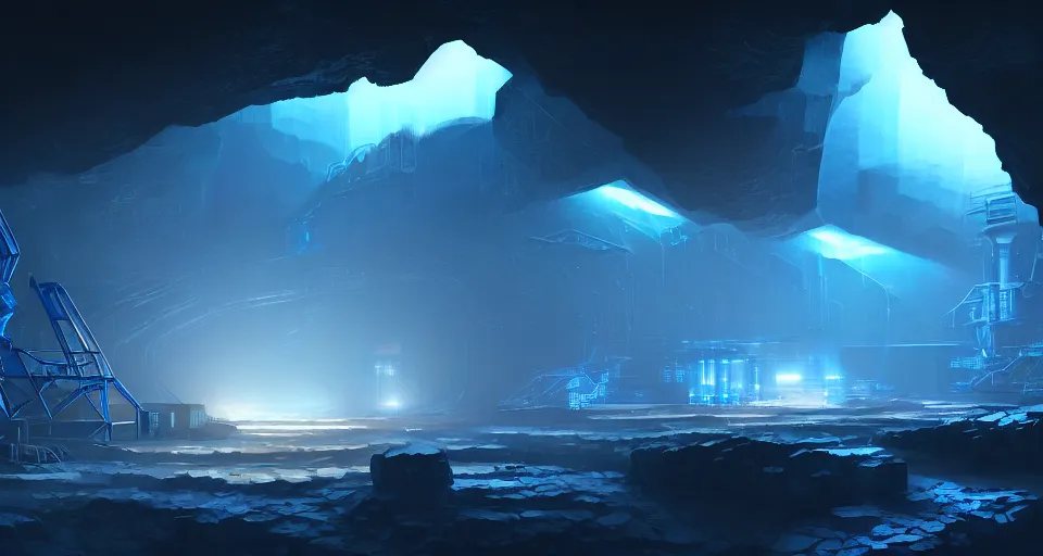 Image similar to futuristic factory in a dark cave, black rocks, blue crystals, mining, digging, dramatic light, digital painting, volumetric light, artstation, concept art, sharp focus