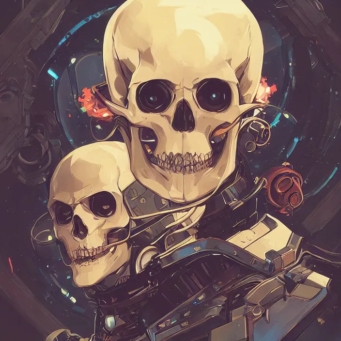 Image similar to anime skull portrait space pirate captain, futuristic science fiction, mucha, hard shadows and strong rim light, art by jc leyendecker and atey ghailan and sachin teng