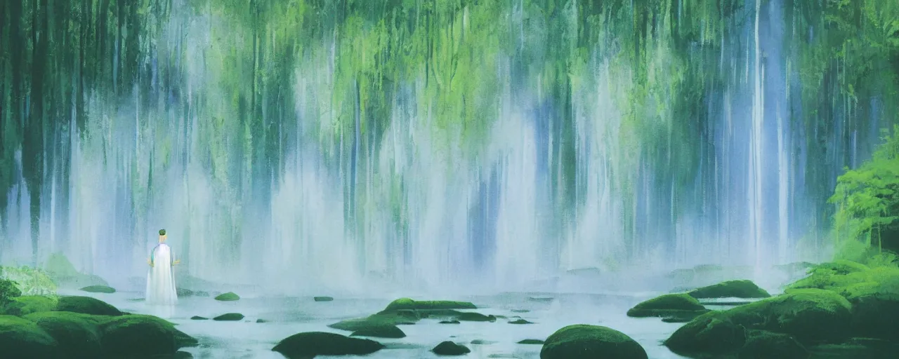 Prompt: deep forest, rainbow river waterfall, light shimmering, water mists, subtle color variantions, summer rain, gentle mists, a white robed benevolent magician clothed in a royal garment in contemplation and meditation casts a benevolent white magic spell, by Eyvind Earle and Mary Blair
