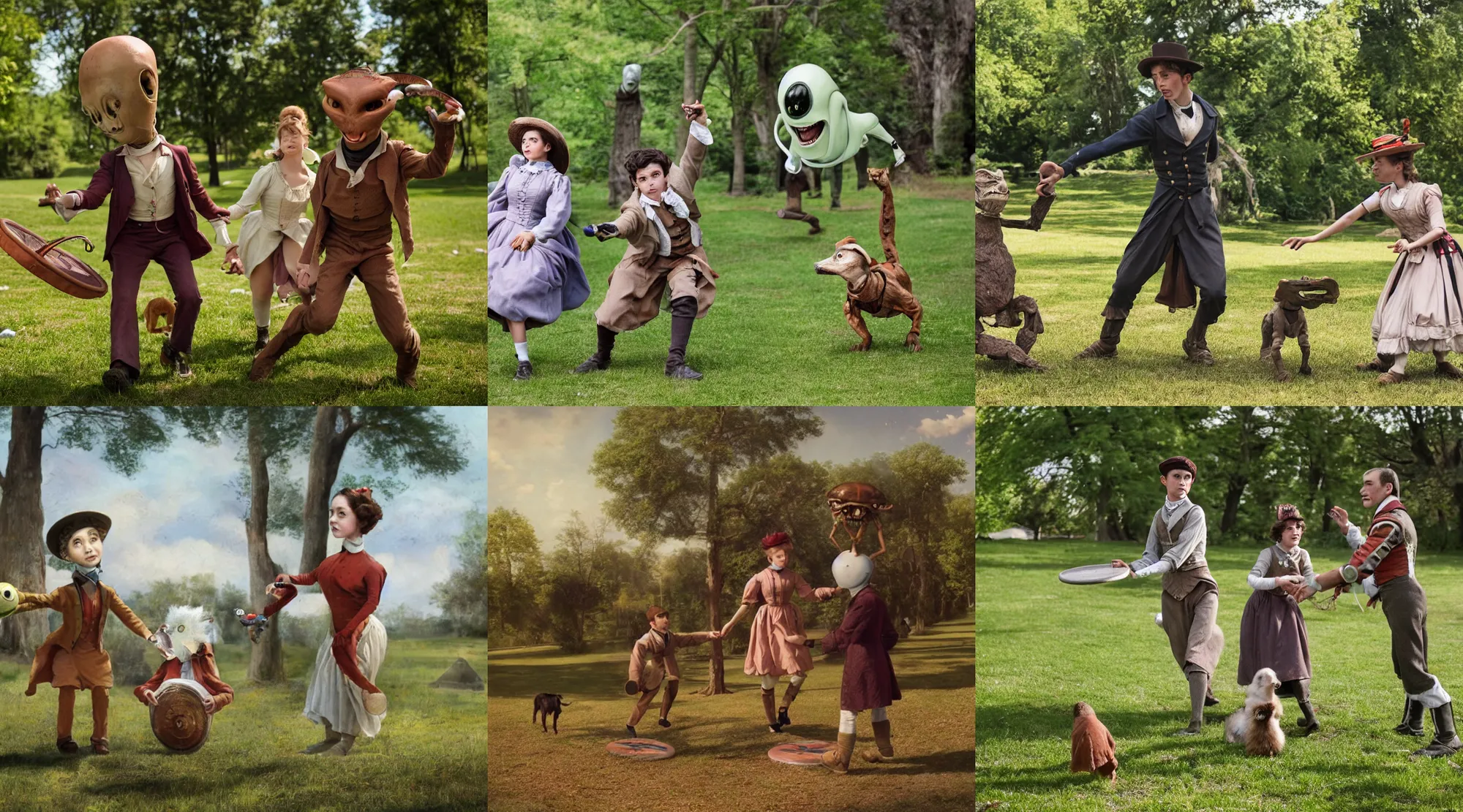 Prompt: detailed, sharp, a boy and a girl playing frisbee with their cute pet humanoid alien, wearing 1850s era clothes, in a park on an alien planet, extremely highly detailed, in focus faces, still from a period sci fi color movie, 8k, HD, good lighting