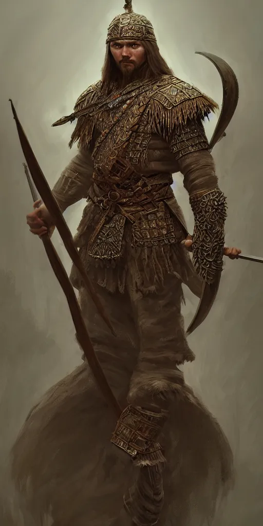 Image similar to ancient Slavic warrior, diffuse lighting, fantasy, intricate, elegant, highly detailed, lifelike, photorealistic, digital painting, artstation, illustration, concept art, smooth, sharp focus, art by Evgeny Epanchintsev and Sergey Samuilov and SunWoo Lee and Alexander Stepanchikov