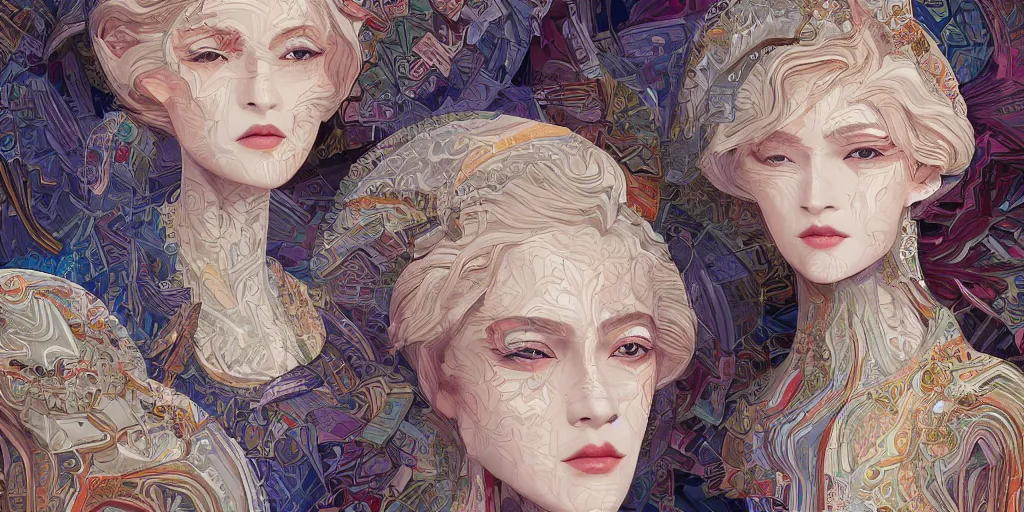 Image similar to breathtaking detailed concept art painting kaleidoscope art deco pattern of blonde faces goddesses amalgamation winter, by hsiao - ron cheng, bizarre compositions, exquisite detail, extremely moody lighting, 8 k