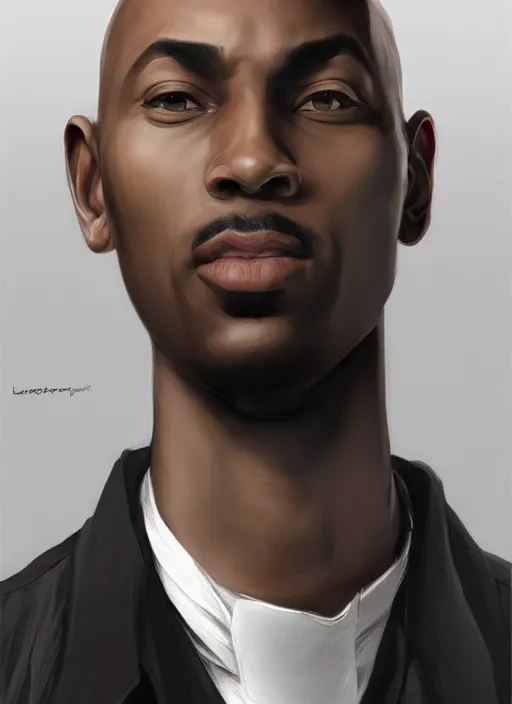 Prompt: portrait of handsome bald african american male, wearing a simple black vest and white shirt, centered, digital painting, artstation, concept art, smooth, sharp focus, illustration, art by artgerm and donato giancola and leyendecker