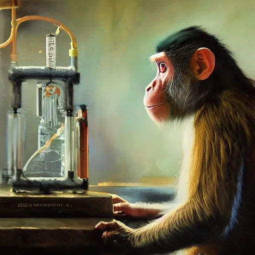 Prompt: portrait of a monkey doctor at a chemical lab, artwork by gaston bussiere, craig mullins, trending on artstation, monkey dressed as a scientist, using googles and wearing a doctor coat