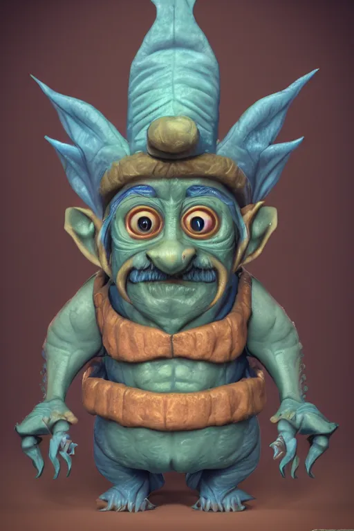 Prompt: a highly detailed 3 d model of a blue wrinkled goblin merchant with a mustache : 1 | centered, colorful, matte background : 0. 9 | by james gurney : 0. 7 | unreal engine, deviantart, artstation, octane, finalrender, zbrush, keyshot, concept art, hd, 8 k resolution : 0. 8