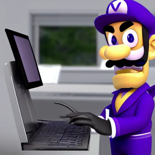 Image similar to waluigi using the computer, hd