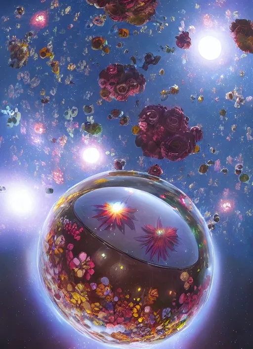 Image similar to An epic fantastic realism comic book style painting of the most beautiful flowers launched into space, perfect shiny silver iridescent spheres, bouquets, fisheye lens, unreal 5, DAZ, hyperrealistic, octane render, dynamic lighting