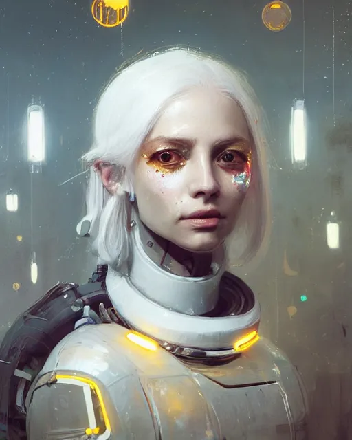Image similar to detailed portrait white haired girl, solarpunk futuristic utopia, scifi astronaut suit, android parts, decorated with golden ornaments by Ismail inceoglu dragan bibin hans thoma greg rutkowski Alexandros Pyromallis Nekro Rene Maritte Illustrated, Perfect face, fine details, realistic shaded, fine-face, pretty face