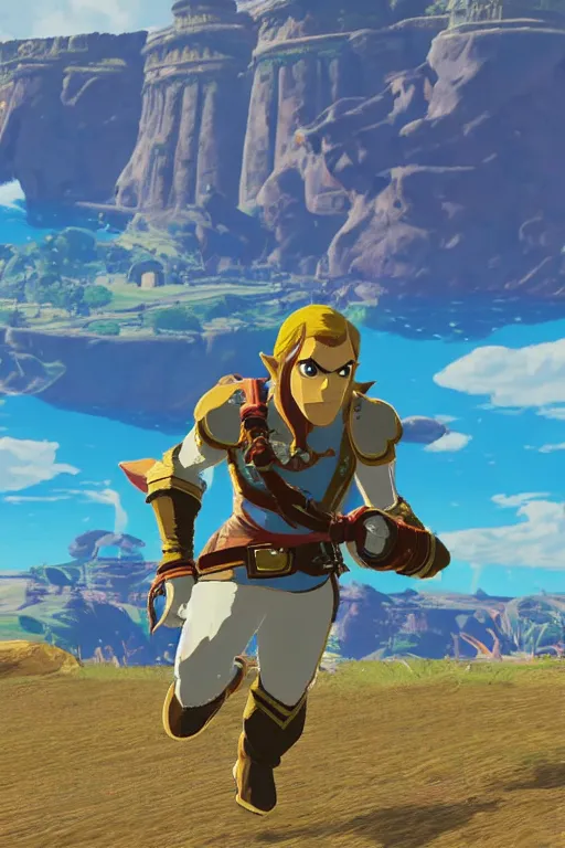 Prompt: in game footage of the character captain falcon in the legend of zelda breath of the wild, breath of the wild art style.
