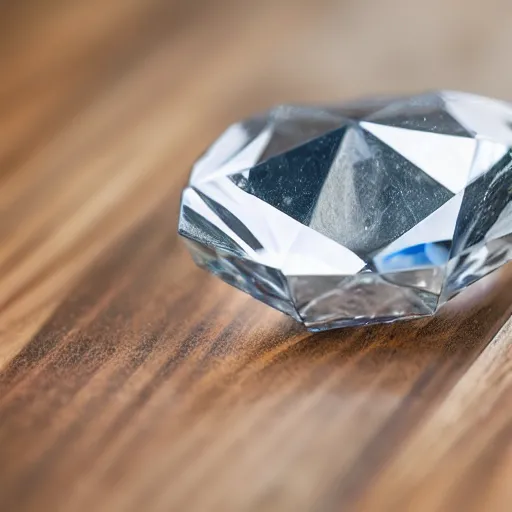 Prompt: dslr closeup photo still of a massive faceted cut diamond on an oak table, 8 k, 8 5 mm f 1. 4