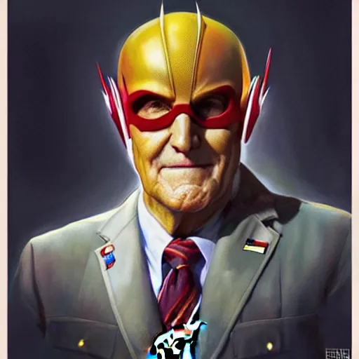 Prompt: hyperrealistic portrait of rudy giuliani as the flash, highly decorated uniform, highly detailed, hyperrealistic, digital painting, artstation, concept art, smooth, sharp focus, illustration, cinematic lighting, art by artgerm and greg rutkowski and alphonse mucha