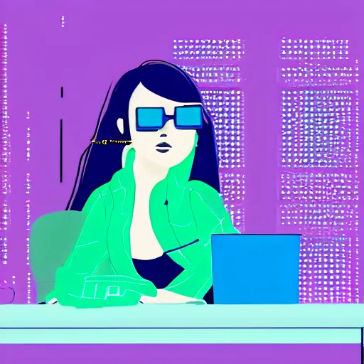 Prompt: digital illustration of a cyber girl with cyber glitchy glasses sitting in her cyber office