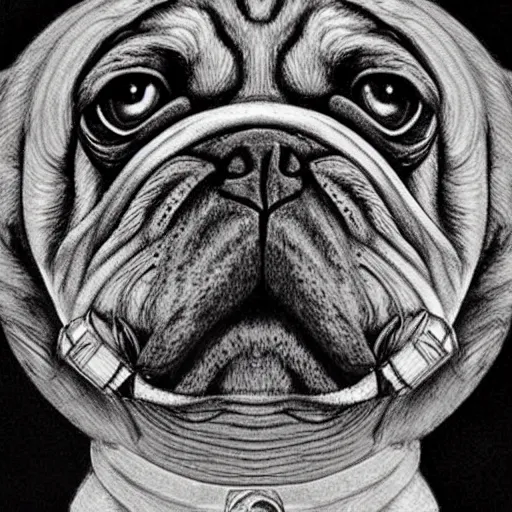 Image similar to pencil art, golden - ratio, spirals, highly detailed, astronaut pug in outer space by davinci.