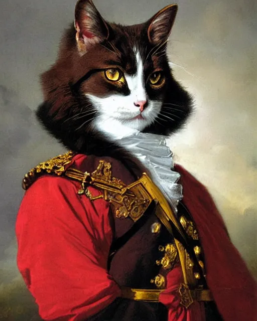 Prompt: dark brown cat with dark eyes and serious expression wearing 1 8 th century royal guard uniform, joseph ducreux, greg rutkowski, regal, stately, royal portrait, painting