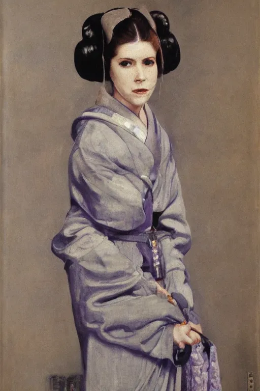 Prompt: princess leia as a geisha, full - figure oil painting by james mcneill whistler, brush strokes