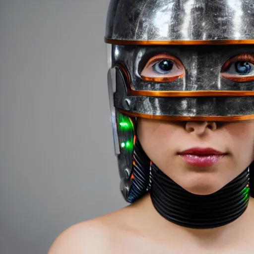 Prompt: fine studio photograph of a young woman wearing a futuristic cyberpunk Mayan helmet made of metal, glass and lights, photorealistic, white background, 8k HDR, tasteful artistic lighting, shallow depth of field, intricate