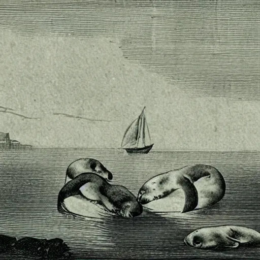 Image similar to baby seals sailing on boat, engraving from 1750